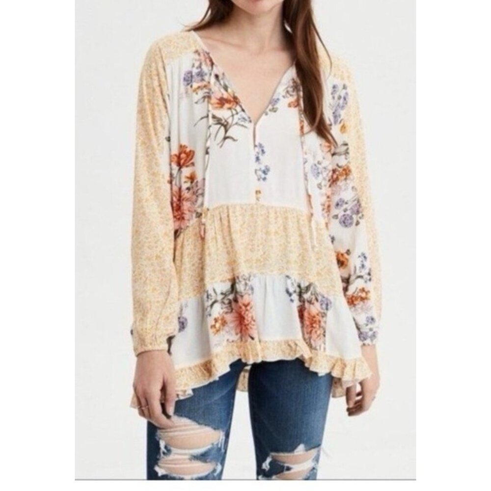 American Eagle Women Large Tired yellow Floral Long Sleeve Tunic Peasant Top